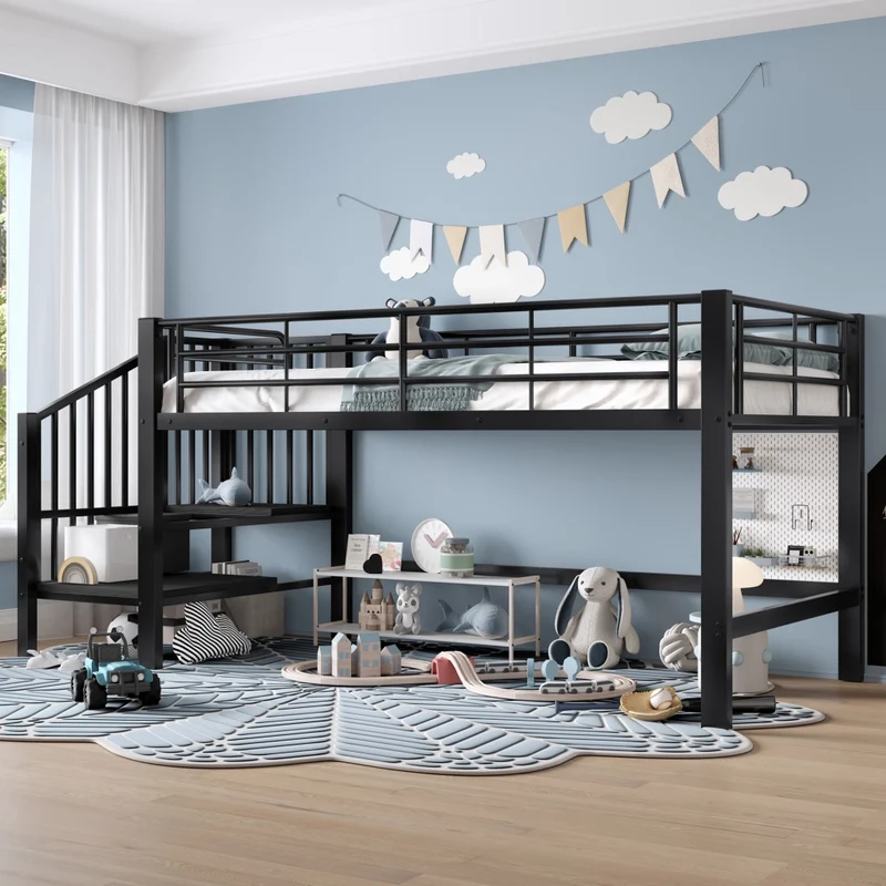 Letto a soppalco per bambini 90x200 cm con scala contenitore integrata; struttura in metallo nero
