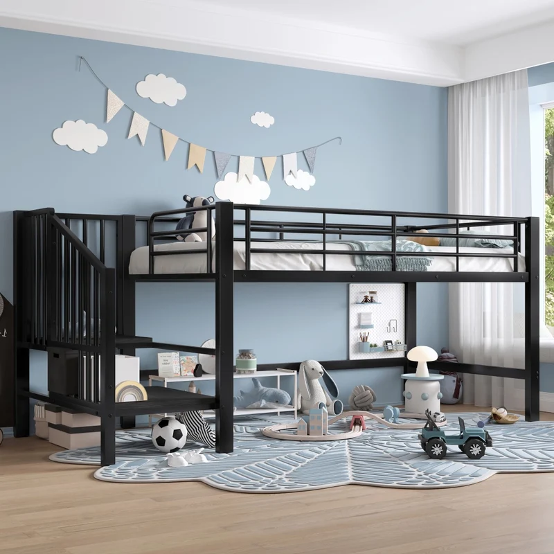 Letto a soppalco per bambini 90x200 cm con scala contenitore integrata; struttura in metallo nero