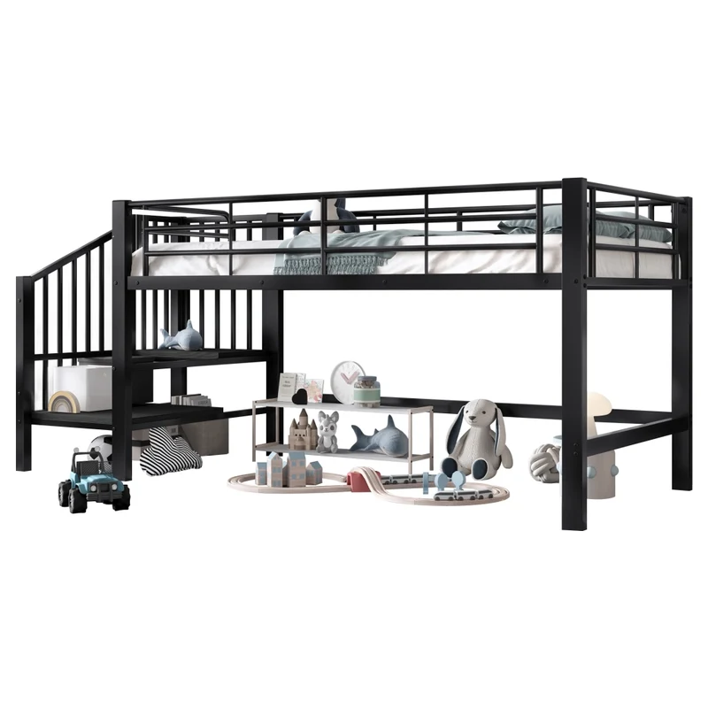 Letto a soppalco per bambini 90x200 cm con scala contenitore integrata; struttura in metallo nero