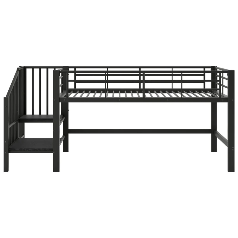 Letto a soppalco per bambini 90x200 cm con scala contenitore integrata; struttura in metallo nero