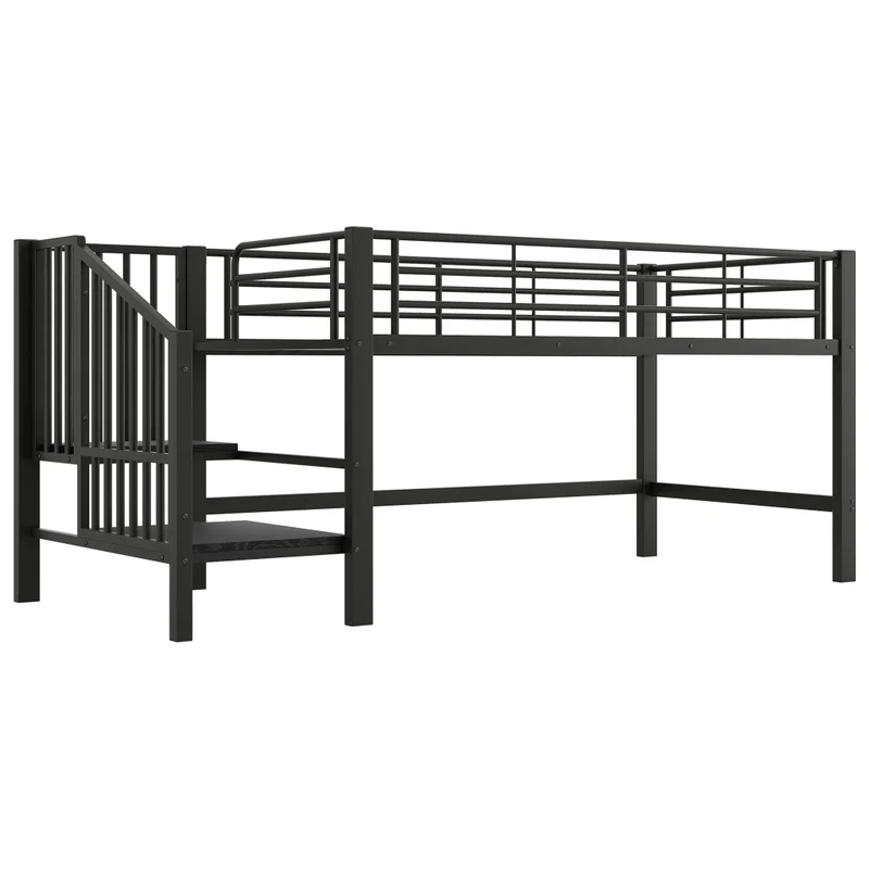 Letto a soppalco per bambini 90x200 cm con scala contenitore integrata; struttura in metallo nero