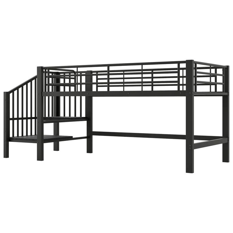 Letto a soppalco per bambini 90x200 cm con scala contenitore integrata; struttura in metallo nero