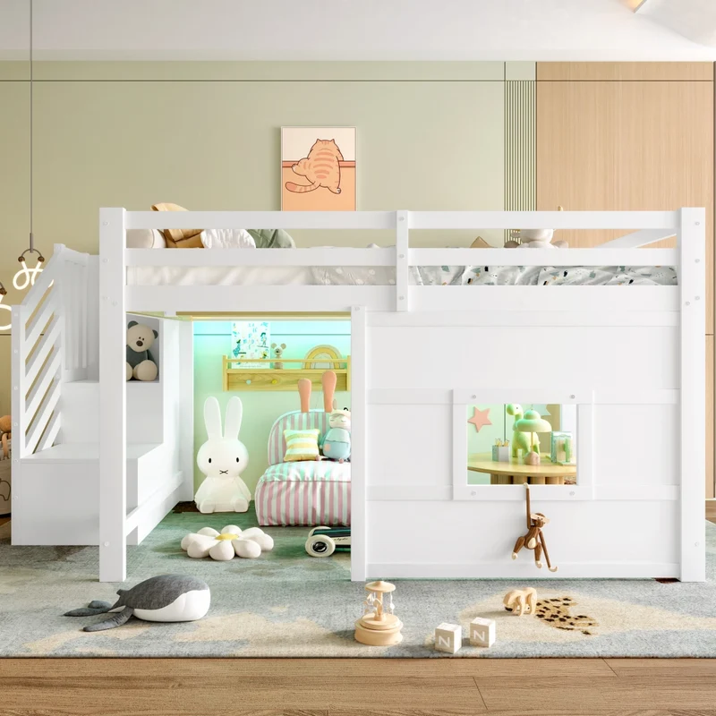 Letto a soppalco 140x200 bianco con scala contenitore; finestra e struttura in pino e MDF