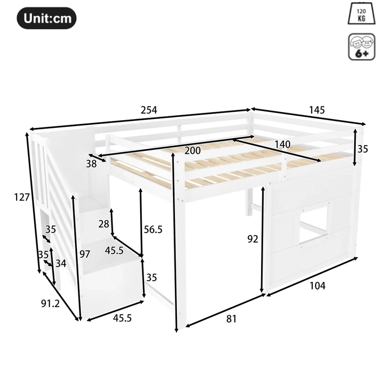 Letto a soppalco 140x200 bianco con scala contenitore; finestra e struttura in pino e MDF