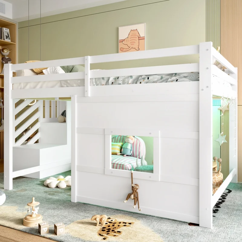Letto a soppalco 140x200 bianco con scala contenitore; finestra e struttura in pino e MDF