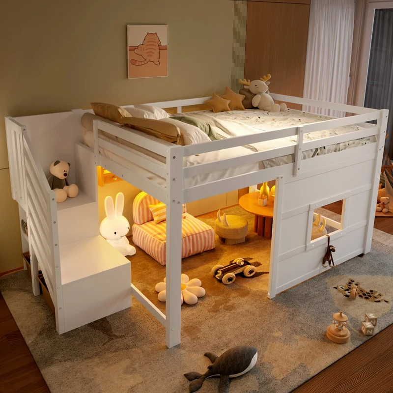 Letto a soppalco 140x200 bianco con scala contenitore; finestra e struttura in pino e MDF