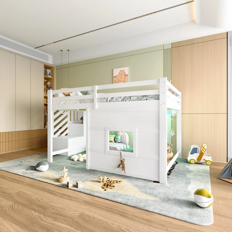 Letto a soppalco 140x200 bianco con scala contenitore; finestra e struttura in pino e MDF