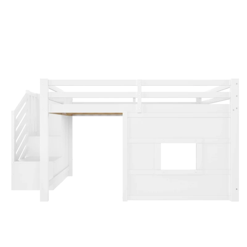 Letto a soppalco 140x200 bianco con scala contenitore; finestra e struttura in pino e MDF