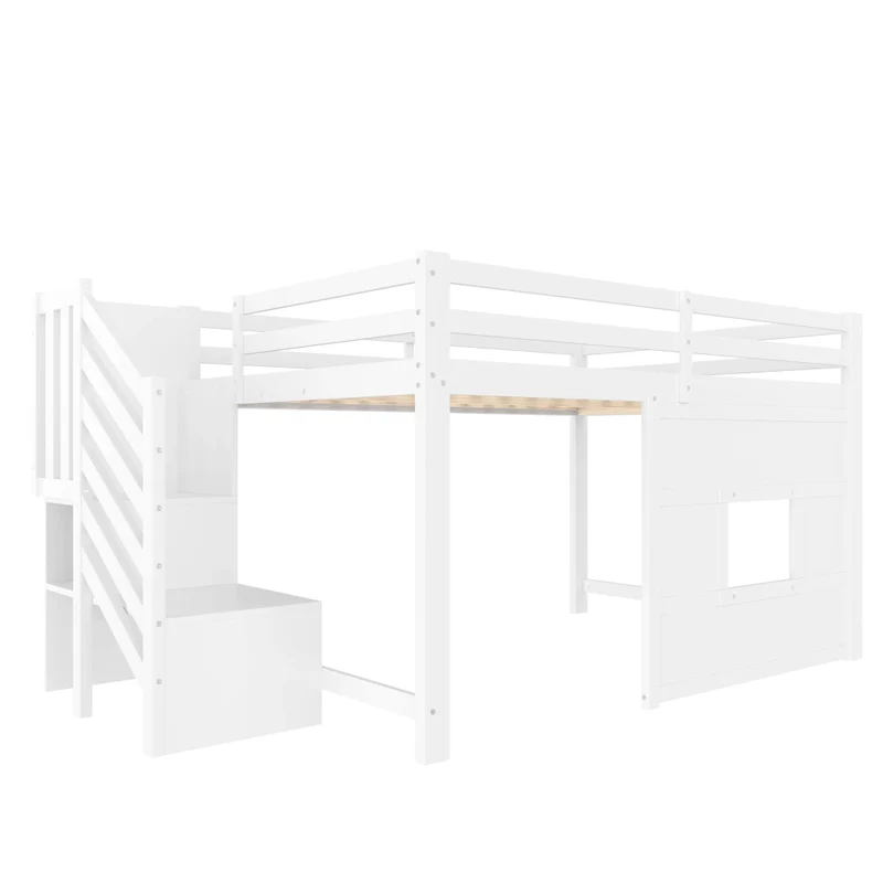 Letto a soppalco 140x200 bianco con scala contenitore; finestra e struttura in pino e MDF
