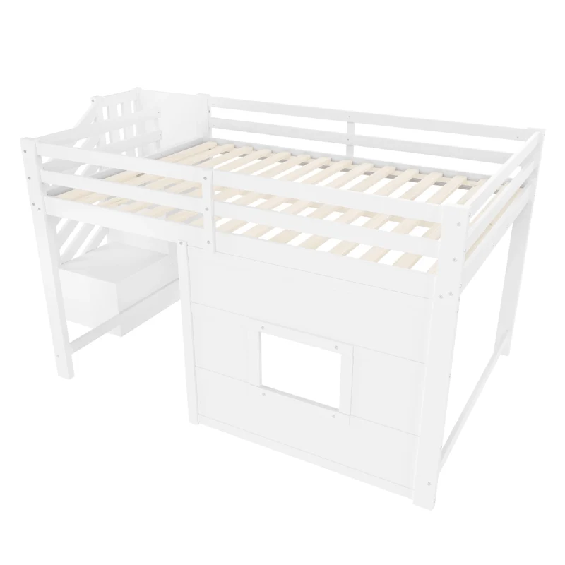 Letto a soppalco 140x200 bianco con scala contenitore; finestra e struttura in pino e MDF