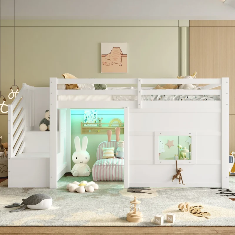 Letto a soppalco 90x200 con scala contenitore; LED e finestra; bianco in legno di pino e MDF