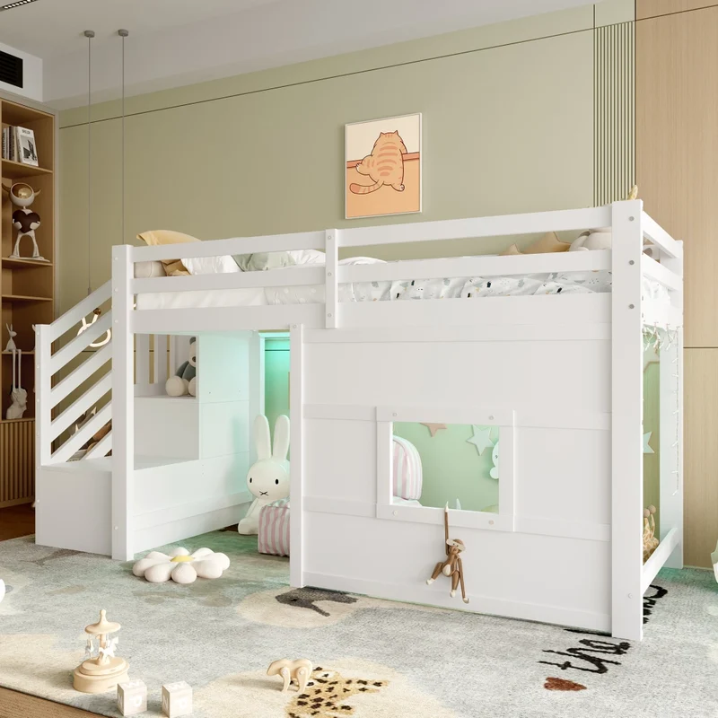 Letto a soppalco 90x200 con scala contenitore; LED e finestra; bianco in legno di pino e MDF