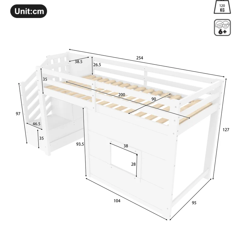 Letto a soppalco 90x200 con scala contenitore; LED e finestra; bianco in legno di pino e MDF