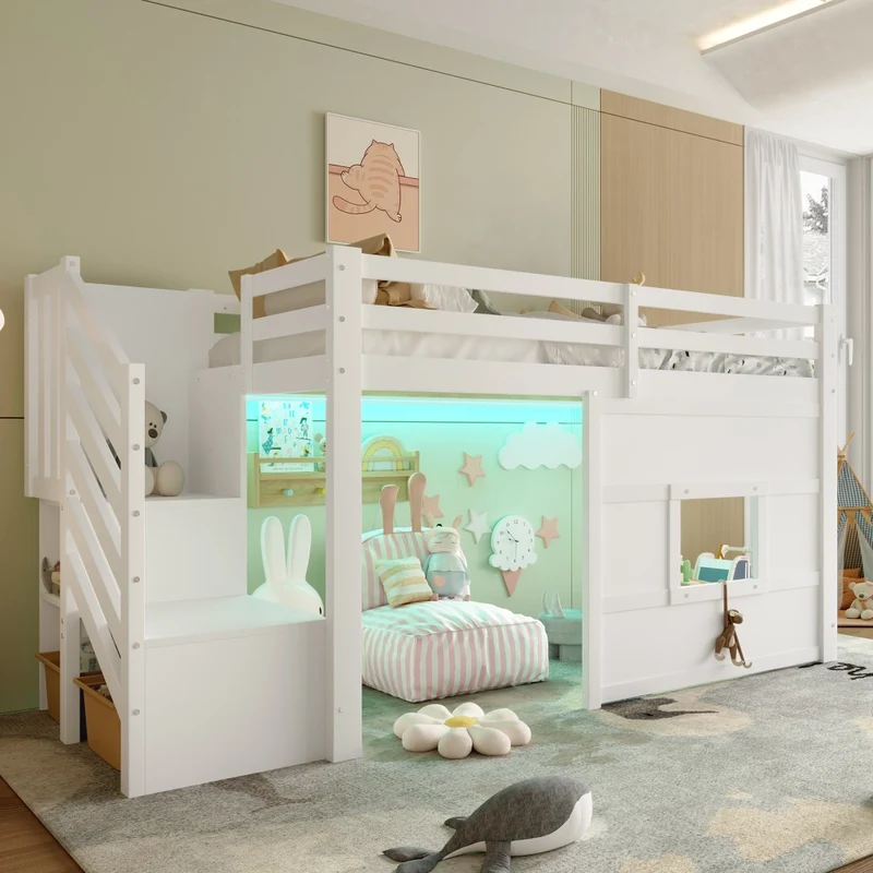 Letto a soppalco 90x200 con scala contenitore; LED e finestra; bianco in legno di pino e MDF