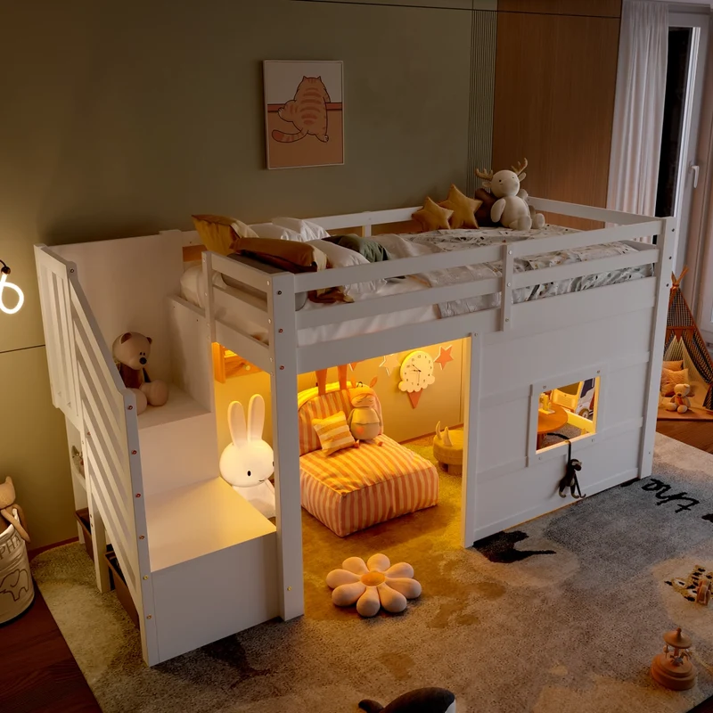 Letto a soppalco 90x200 con scala contenitore; LED e finestra; bianco in legno di pino e MDF