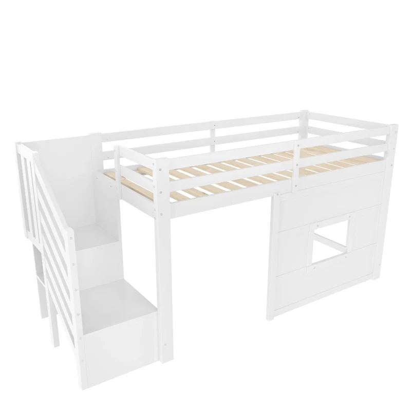 Letto a soppalco 90x200 con scala contenitore; LED e finestra; bianco in legno di pino e MDF