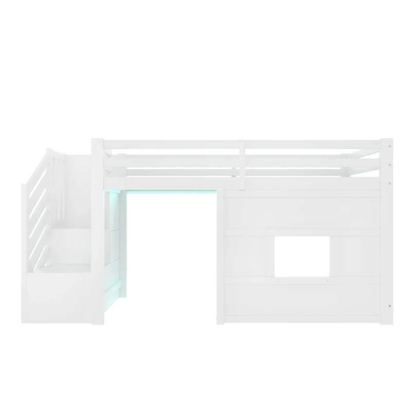 Letto a soppalco 90x200 con scala contenitore; LED e finestra; bianco in legno di pino e MDF