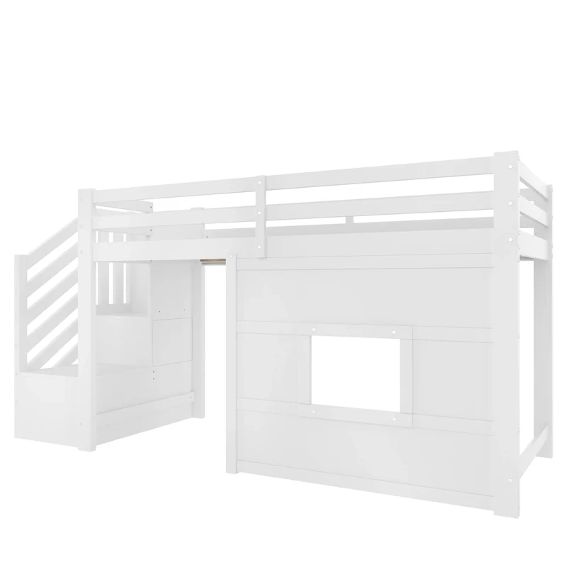 Letto a soppalco 90x200 con scala contenitore; LED e finestra; bianco in legno di pino e MDF
