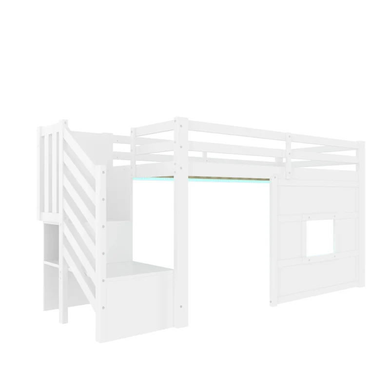 Letto a soppalco 90x200 con scala contenitore; LED e finestra; bianco in legno di pino e MDF
