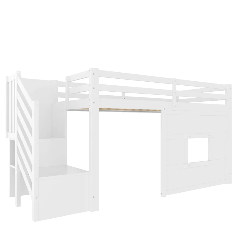 Letto a soppalco 90x200 con scala contenitore; LED e finestra; bianco in legno di pino e MDF