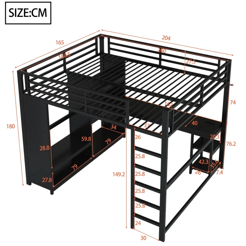 Letto a soppalco 160x200 in metallo nero con scrivania; LED regolabili e armadio aperto