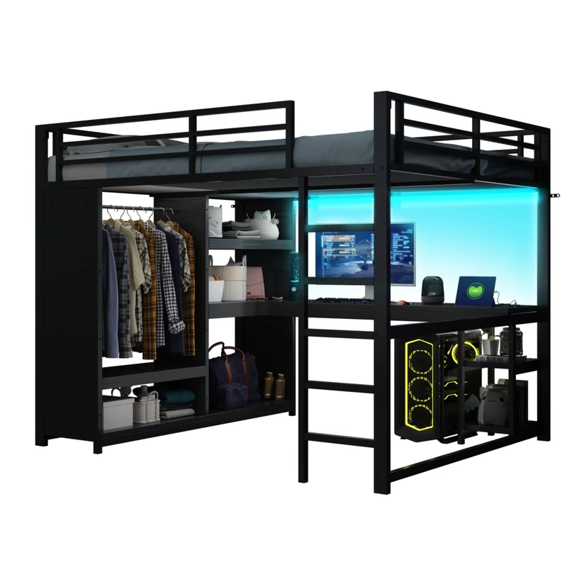 Letto a soppalco 160x200 in metallo nero con scrivania; LED regolabili e armadio aperto