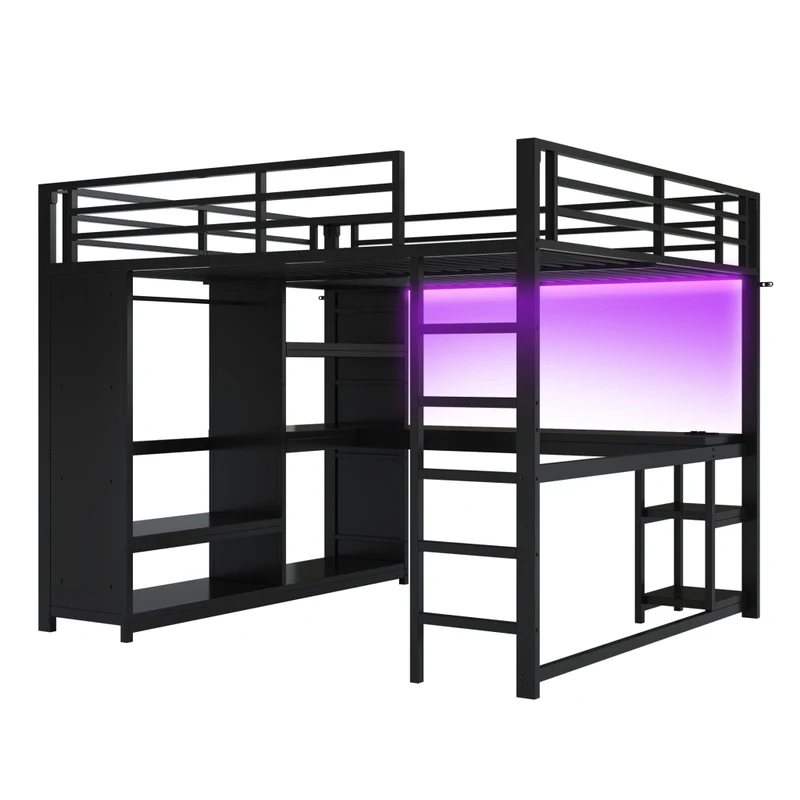Letto a soppalco 160x200 in metallo nero con scrivania; LED regolabili e armadio aperto