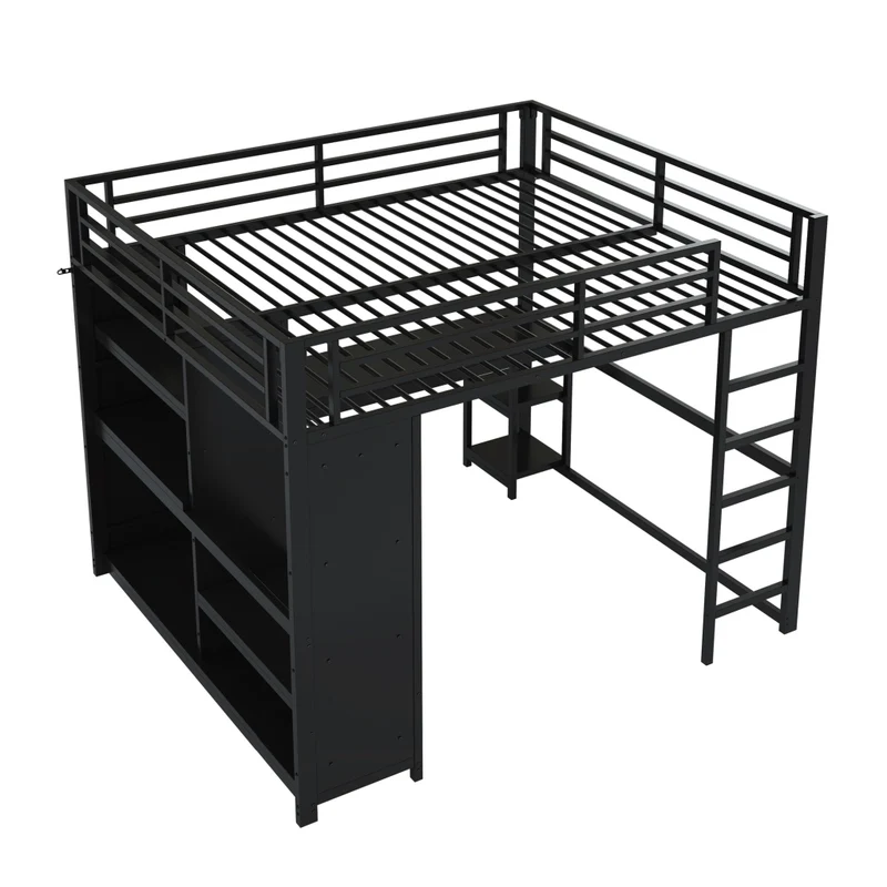 Letto a soppalco 160x200 in metallo nero con scrivania; LED regolabili e armadio aperto