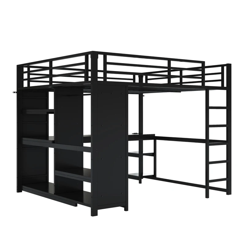 Letto a soppalco 160x200 in metallo nero con scrivania; LED regolabili e armadio aperto