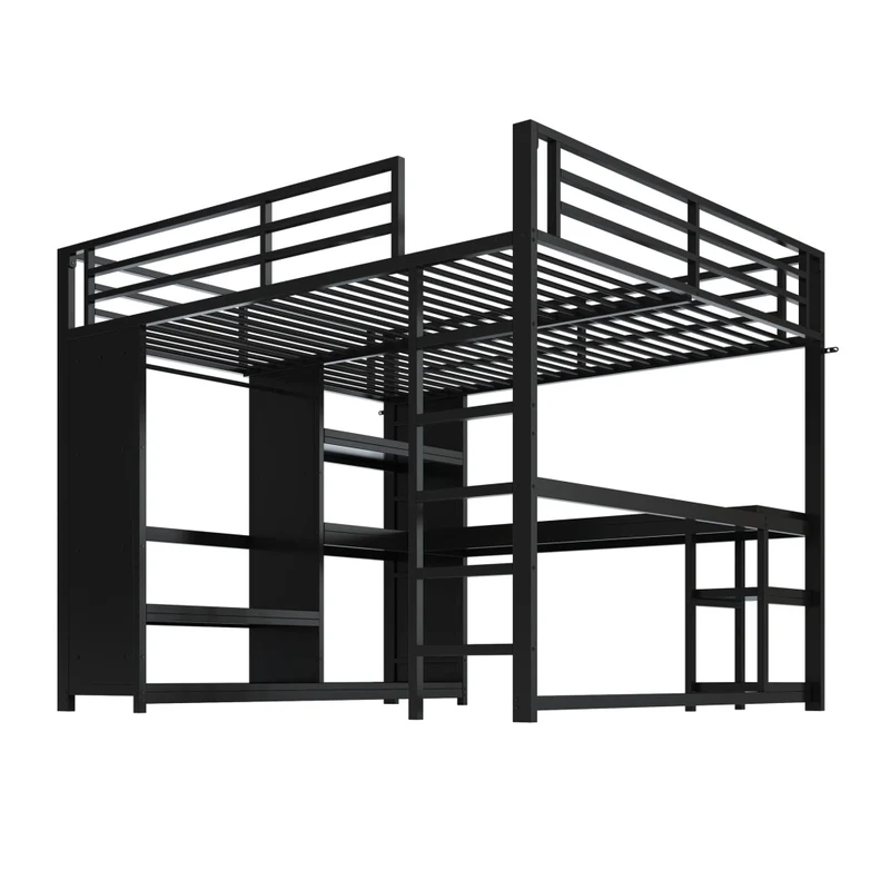 Letto a soppalco 160x200 in metallo nero con scrivania; LED regolabili e armadio aperto