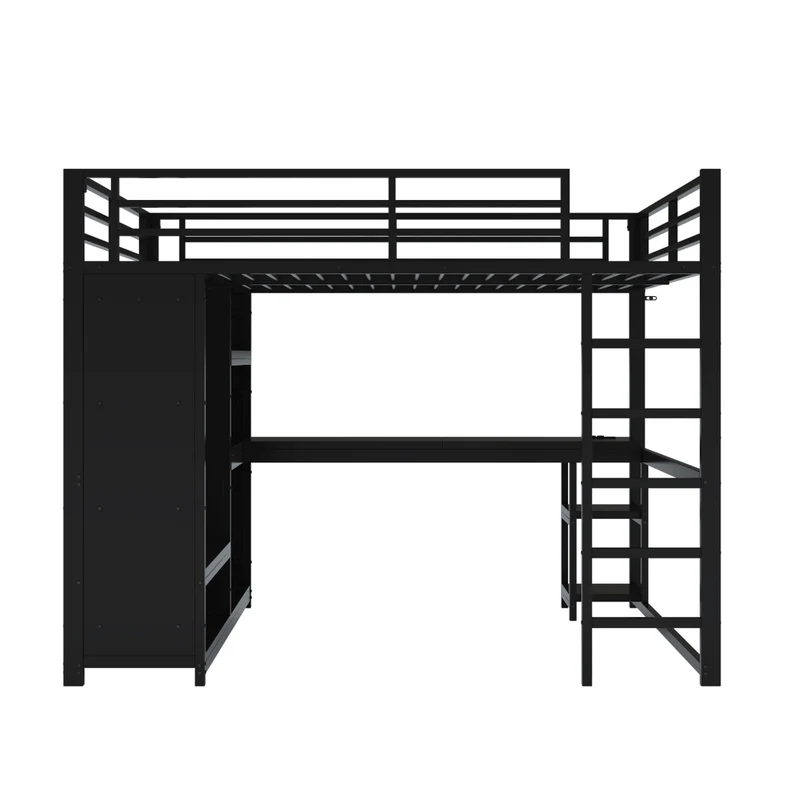 Letto a soppalco 160x200 in metallo nero con scrivania; LED regolabili e armadio aperto