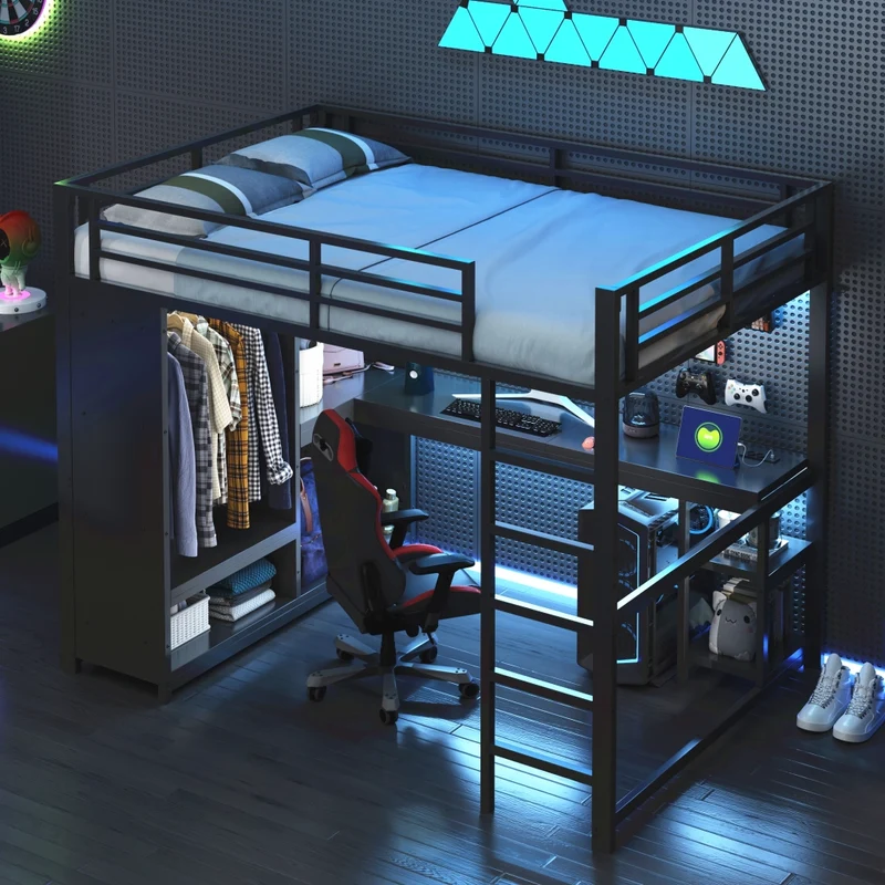 Letto a soppalco 140x200 cm in metallo e MDF con scrivania; LED e armadio aperto; nero