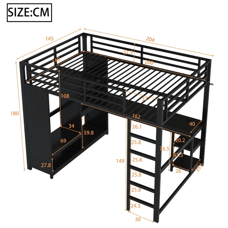 Letto a soppalco 140x200 cm in metallo e MDF con scrivania; LED e armadio aperto; nero