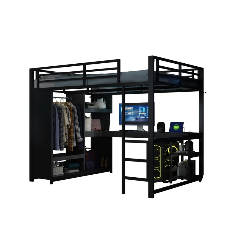 Letto a soppalco 140x200 cm in metallo e MDF con scrivania; LED e armadio aperto; nero