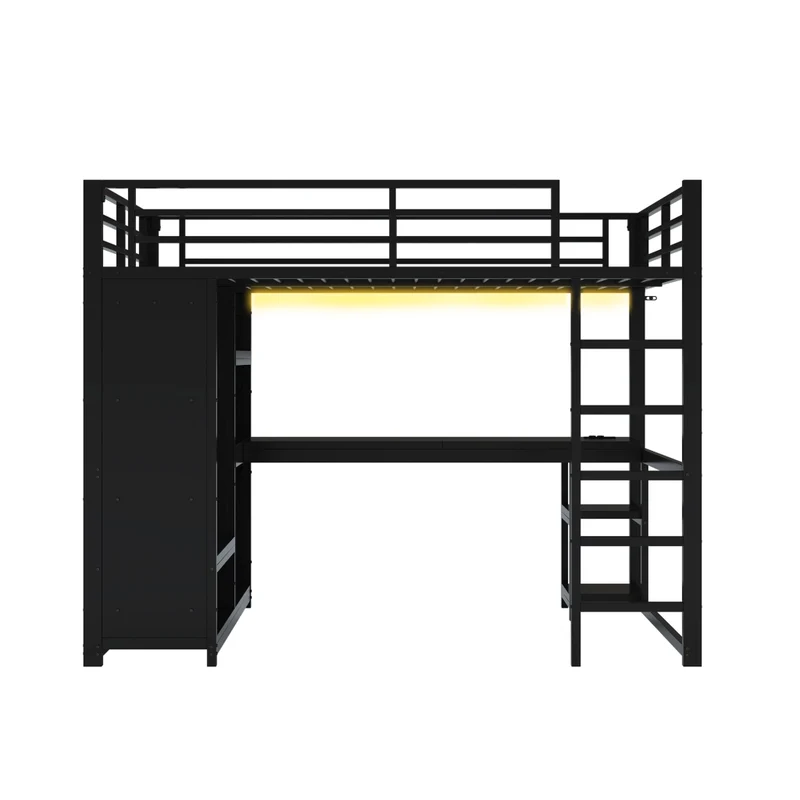 Letto a soppalco 140x200 cm in metallo e MDF con scrivania; LED e armadio aperto; nero