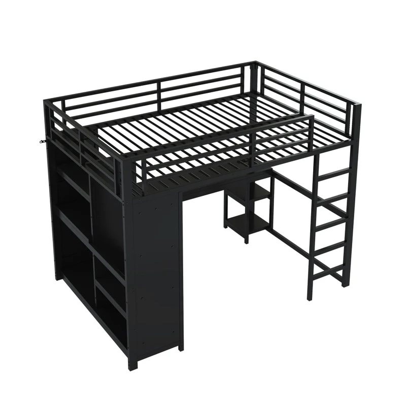 Letto a soppalco 140x200 cm in metallo e MDF con scrivania; LED e armadio aperto; nero