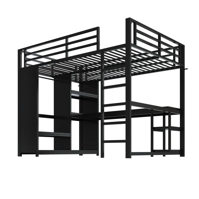 Letto a soppalco 140x200 cm in metallo e MDF con scrivania; LED e armadio aperto; nero