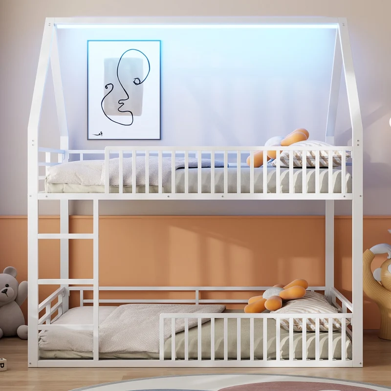 Letto a castello 140x200 a forma di casetta con luce LED; metallo bianco