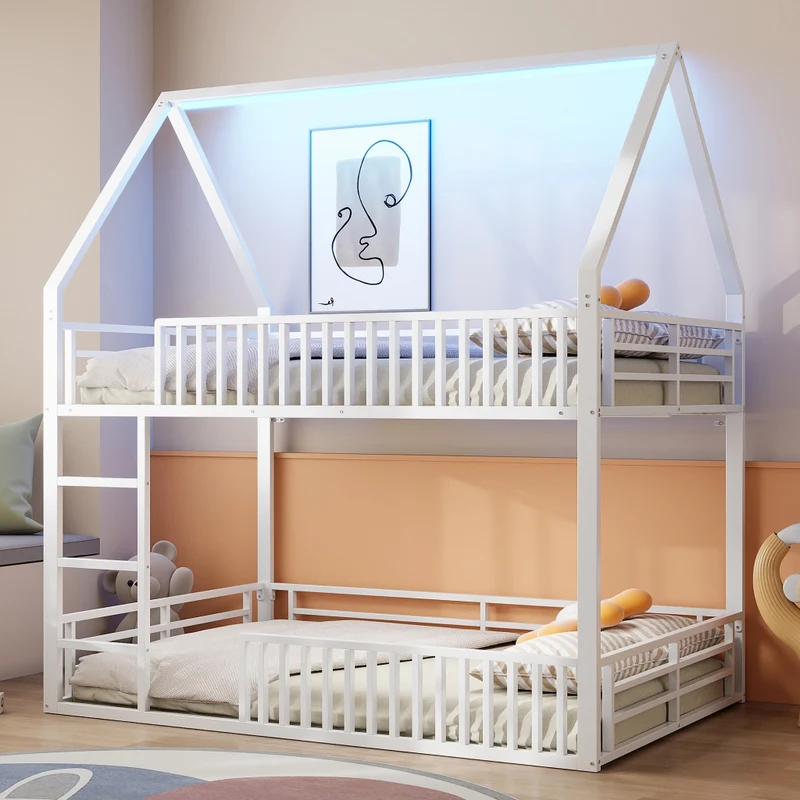Letto a castello 140x200 a forma di casetta con luce LED; metallo bianco