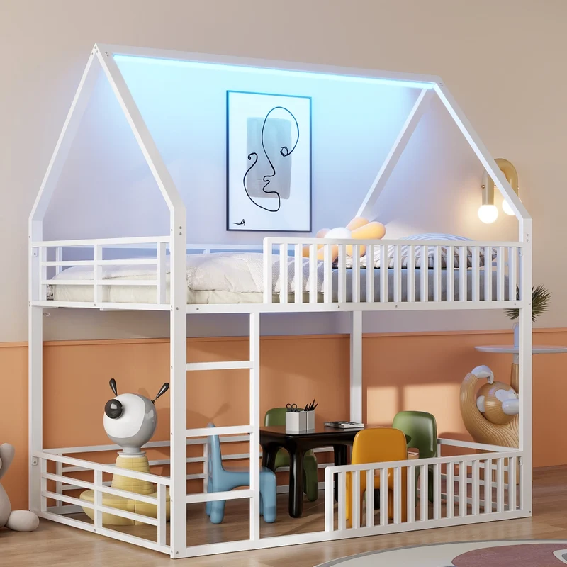 Letto a castello 140x200 a forma di casetta con luce LED; metallo bianco