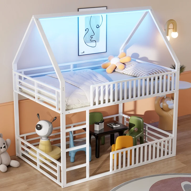 Letto a castello 140x200 a forma di casetta con luce LED; metallo bianco