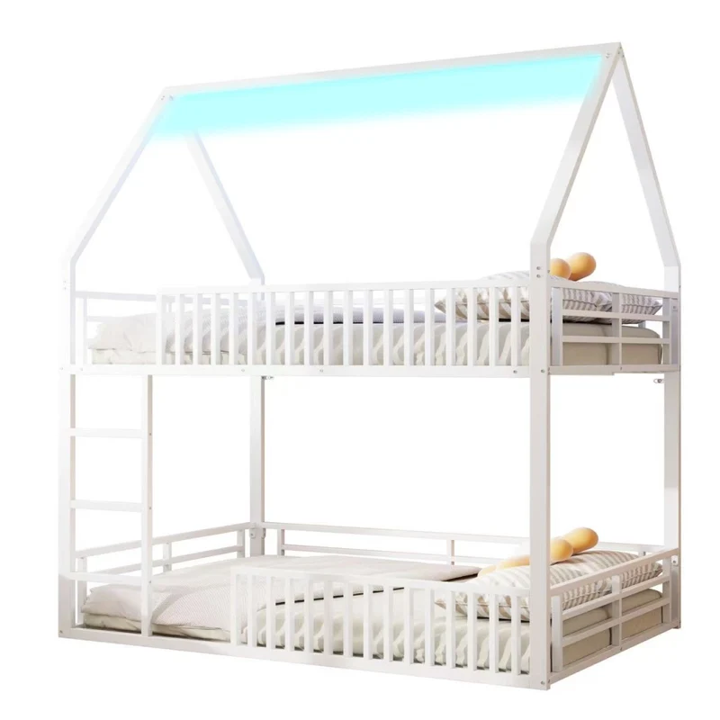 Letto a castello 140x200 a forma di casetta con luce LED; metallo bianco