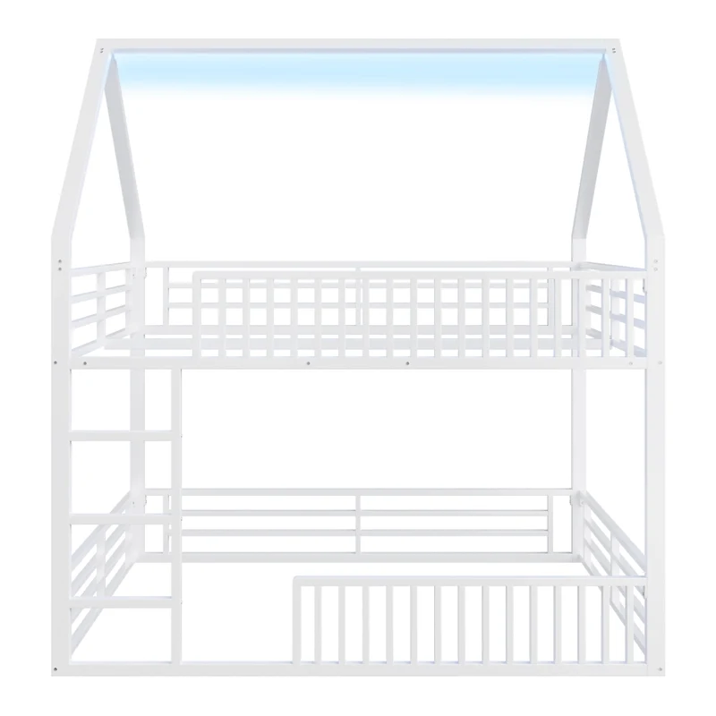 Letto a castello 140x200 a forma di casetta con luce LED; metallo bianco