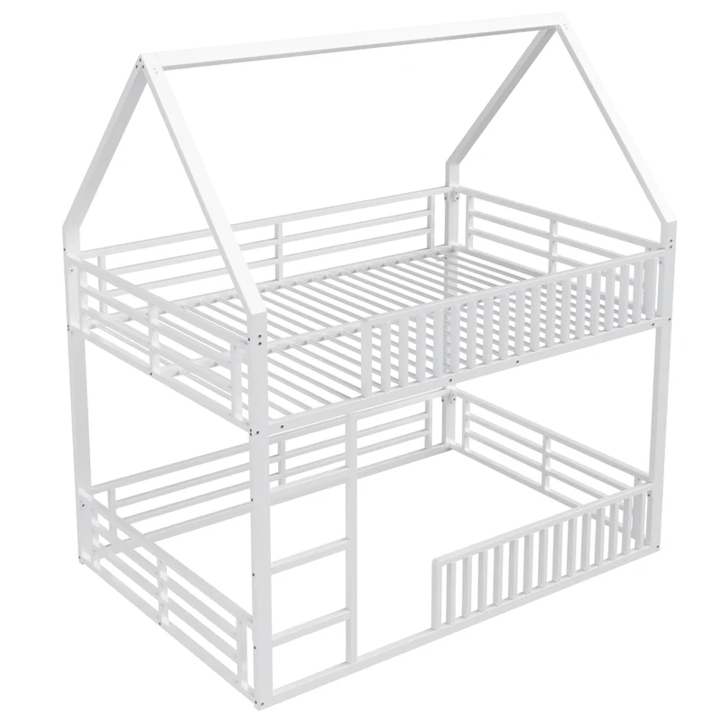Letto a castello 140x200 a forma di casetta con luce LED; metallo bianco