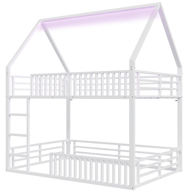 Letto a castello 140x200 a forma di casetta con luce LED; metallo bianco
