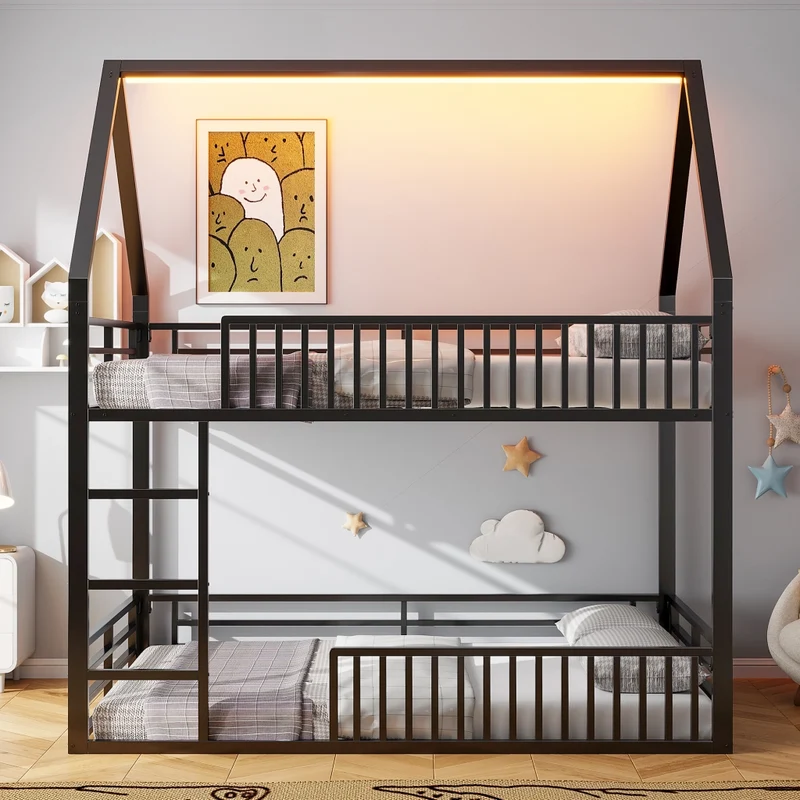 Letto a castello 140x200 cm a forma di casa; struttura in metallo nero con sponde e luce LED; per cameretta