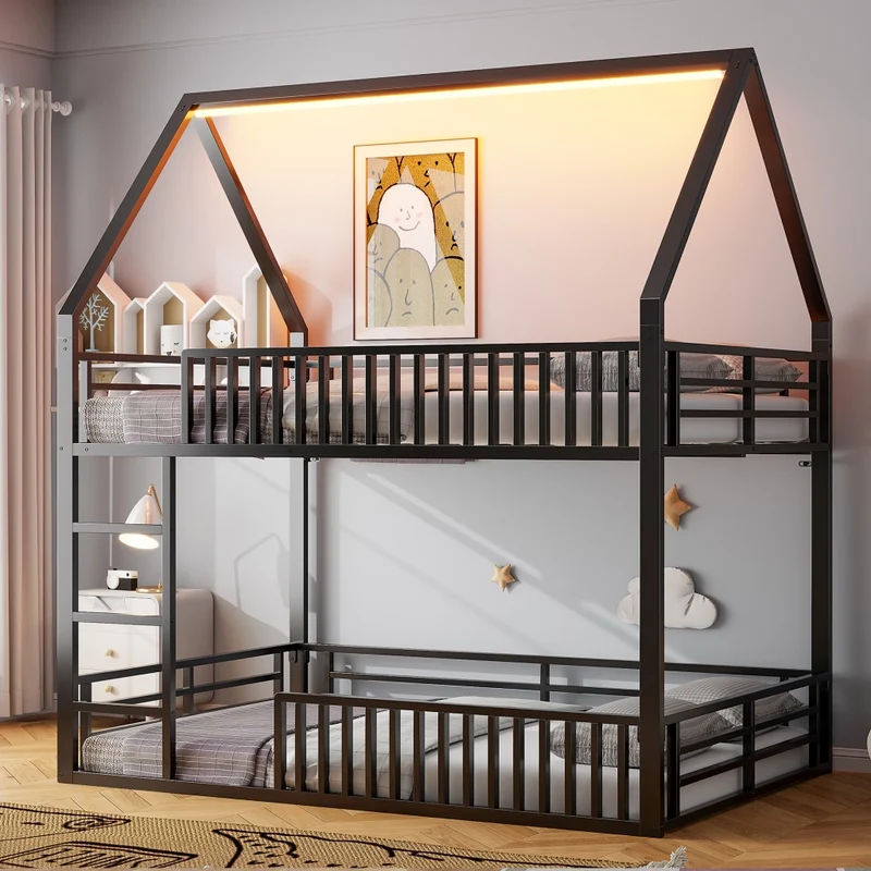 Letto a castello 140x200 cm a forma di casa; struttura in metallo nero con sponde e luce LED; per cameretta
