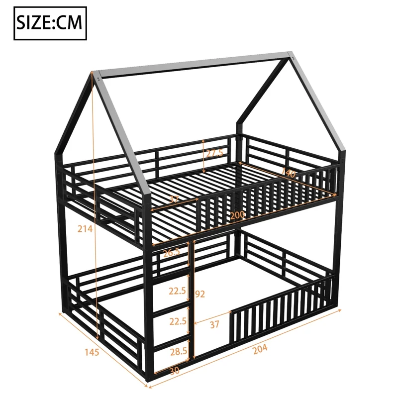 Letto a castello 140x200 cm a forma di casa; struttura in metallo nero con sponde e luce LED; per cameretta