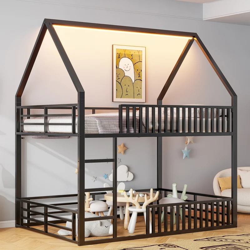 Letto a castello 140x200 cm a forma di casa; struttura in metallo nero con sponde e luce LED; per cameretta