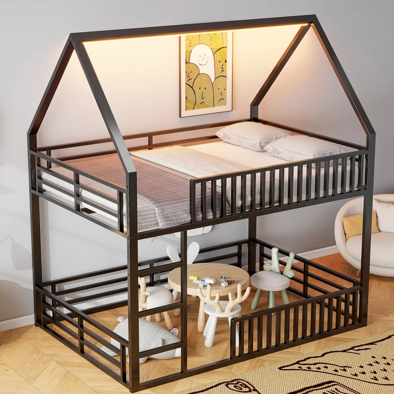 Letto a castello 140x200 cm a forma di casa; struttura in metallo nero con sponde e luce LED; per cameretta